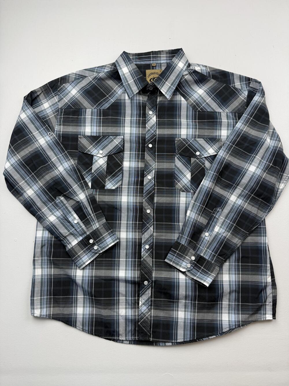 Coevals Club Shirt Mens 2XL Gray Plaid Long Sleeve Western Snap Button Casual